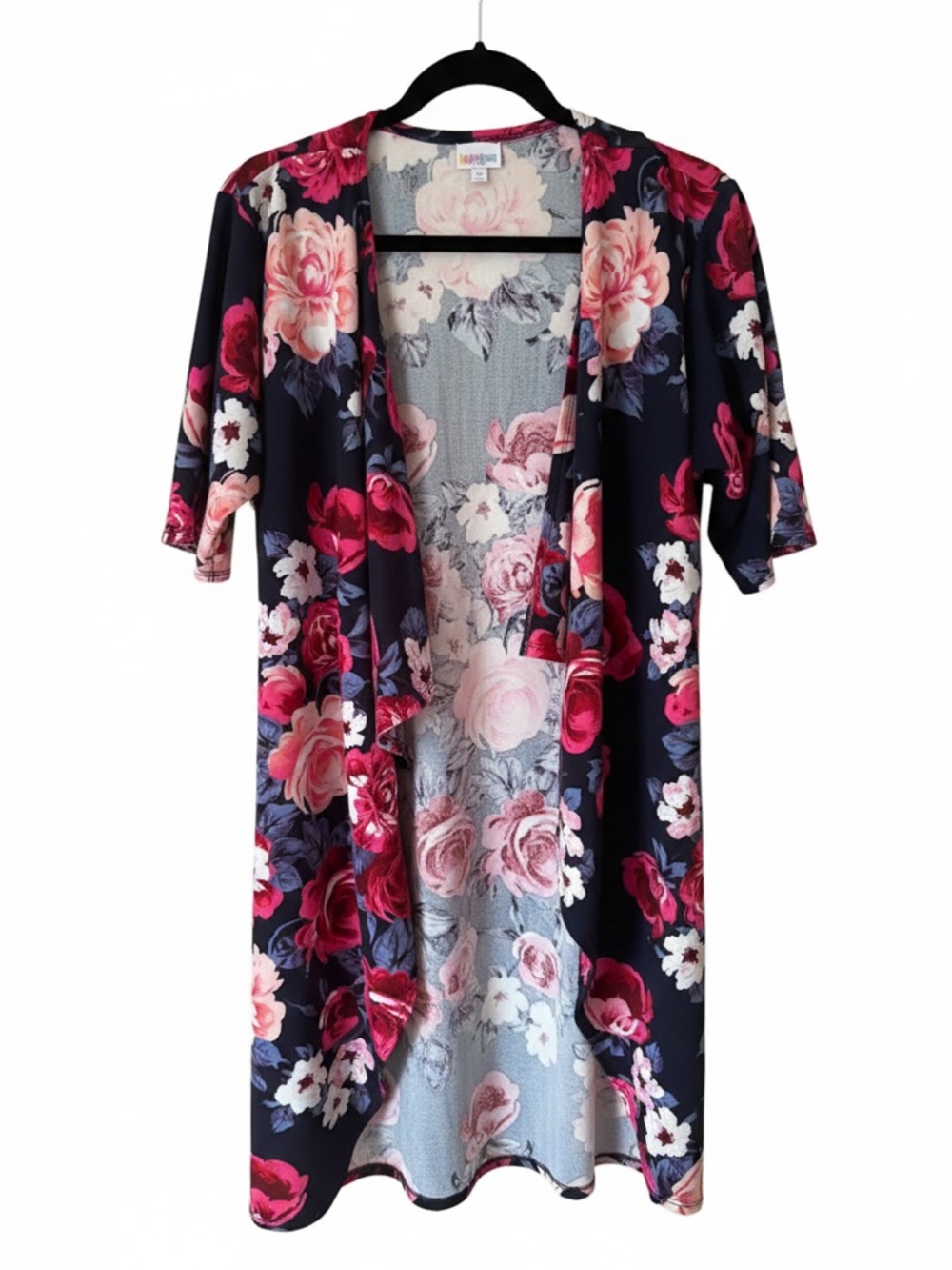 Lularoe Floral Open-Front Kimono Cover Up in Navy with Pink Roses